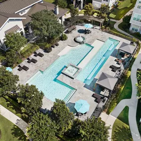 Aerial pool view at Camden Northpointe Apartments in Tomball, TX