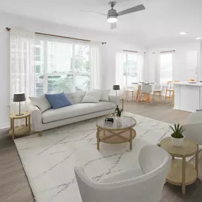 Spacious living room off the dining room and kitchen at Camden Northpointe Apartments in Tomball, Tx