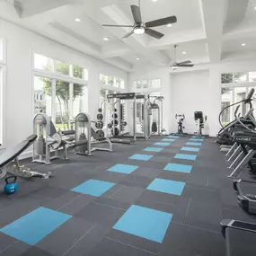 Fitness center with cardio equipment and free weights at Camden Northpointe Apartments in Tomball, TX