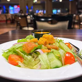 Side Garden Salad: Fresh bed of lettuce with sliced red onion, cucumber, and cherry tomatoes topped with black olive croutons and a side of salad dressing.