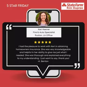 We’ve had a great week helping our customers, and we’re ready for the weekend!

Our 5-Star Friday spotlight is on Keri, one of our awesome Fire & Auto Specialists! Here’s what our customer had to say ????????