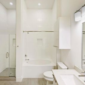 Townhome bathroom with stand up shower and soaking tub