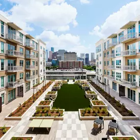 Outdoor lounge with downtown view