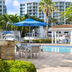 Poolside grilling area at Camden Aventura apartments in Aventura, Florida.