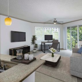 Expansive living room with home office space