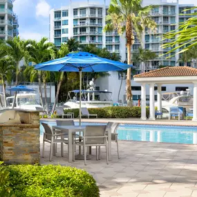 Poolside grilling area at Camden Aventura apartments in Aventura, Florida.