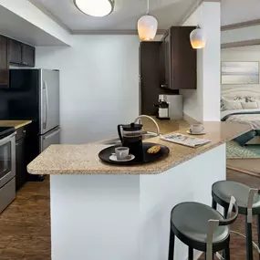 Kitchen with granite countertops, espresso cabinetry, and wood-inspired flooring.