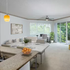 Expansive living room with home office space at Camden Aventura apartments in Aventura, FL