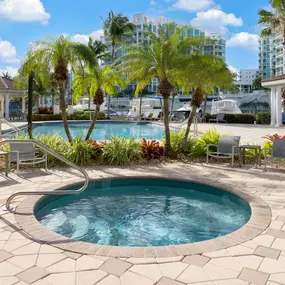 Poolside hot tub at Camden Aventura apartments in Aventura, Florida.