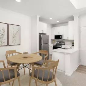 Dining room with plush carpet and kitchen with wood-style flooring, white marbled quartz countertops, stainless steel appliances, and white cabinets at Camden Stoneleigh apartments in Austin, TX.