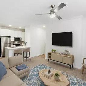 Open concept layout with modern, light finishes at Camden Stoneleigh apartments in Austin, Tx