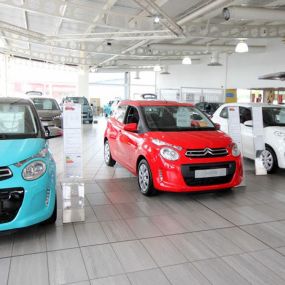 Cars inside the Citroen Hull dealership showroom