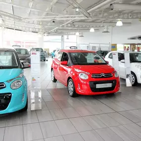 Cars inside the Citroen Hull dealership showroom