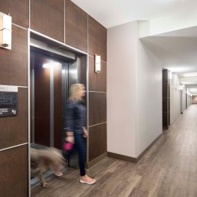 Resident exiting elevator with dog at Camden Henderson
