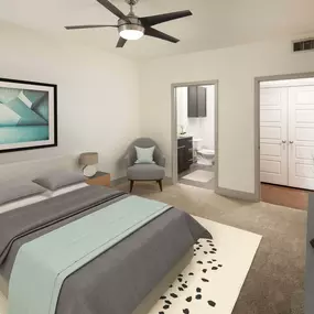 Bedroom with ensuite bath ceiling fan and carpet flooring