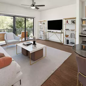 Living Room with Wood-Style Flooring, Private Balcony and Built-In Desk