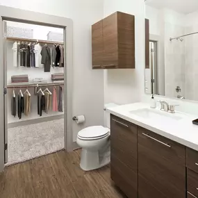 Bathroom with attached walk-in closet at Camden Lincoln Station Apartments in Lone Tree, CO