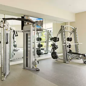 Fitness center with free weights at Camden Lincoln Station Apartments in Lone Tree, CO