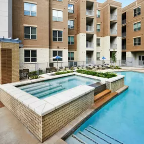 Resort style swimming pool hot tub at Camden Lincoln Station Apartments in Lone Tree, CO