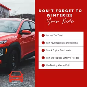 Winter weather is here—time to make sure your vehicle is ready for the season ahead! ????❄️ Follow these simple steps to keep your car in top shape:
✅ Inspect tire tread – Ensure your tires have enough tread to grip slippery roads and perform well in winter conditions.
✅ Test your headlights and taillights – Make sure all lights are working to improve visibility during shorter days and snowy weather.
✅ Check engine fluid levels – Ensure all fluids, including oil, coolant, and brake fluid, are to