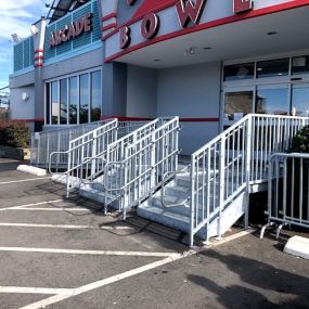 The Boston Amramp team installed this galvanized steel ramp with stairs at the Boston Bowl bowling alley in Boston, MA.