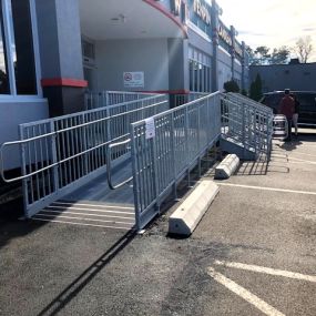 The Boston Amramp team installed this galvanized steel ramp with stairs at the Boston Bowl bowling alley in Boston, MA.