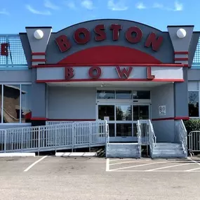 The Boston Amramp team installed this galvanized steel ramp with stairs at the Boston Bowl bowling alley in Boston, MA.