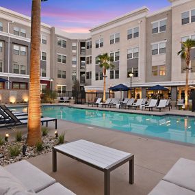 Resort-style pool at The Huntington luxury apartments in Duarte, CA.