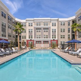 Resort-style pool at The Huntington luxury apartments in Duarte, CA