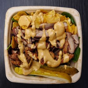 Brothers Grimm: Grilled chicken with pickled shitake mushrooms, raisins, pickles, plantain chips and chipotle aioli