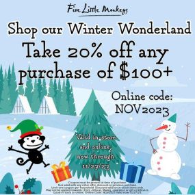Shop our Winter Wonderland!
❄️
Take 20% off any purchase of $100 or more*!
Shopping in-store? Show them this post!
Shopping online? Use code NOV2023
Valid now through 11/27/23