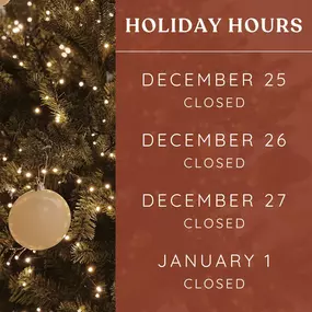 Happy Holidays, here is our holiday hours for next week and the following week for New Years! We hope everyone has a safe and wonderful holiday season. ????