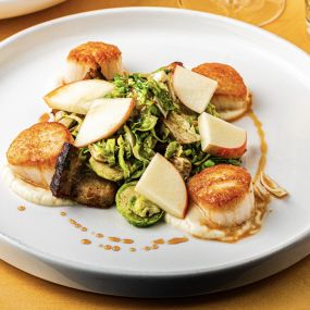 Fall 2022 Seared New England Scallops with Soy braised pork belly, roasted fennel, brussels sprouts, honey crisp apple, creamy celeriac, pine bud syrup