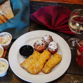 Fried Cod & Homemade Corn Fritters at Tail Feathers Bar & Grill Friday Night Fish Fry in Lake Geneva, WI