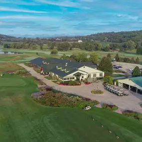 Drone picture of Hawk's View Golf Club clubhouse, driving range, practice greens and Como Crossings Back 9. Picture courtesy of Brian Murphy, WiscoGolfAddict.com