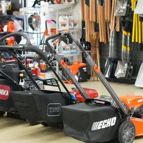 Haltom showroom push mowers shovels