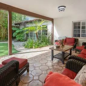 Outdoor patio with seating and greenery, offering a calm space for reflection and support at Clearview’s women’s mental health program.