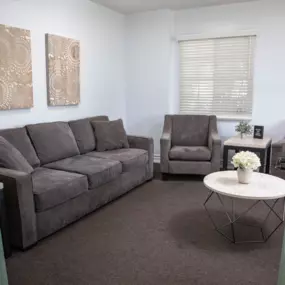 Cozy waiting area with comfortable seating and natural light, used for client admissions and between therapy sessions.