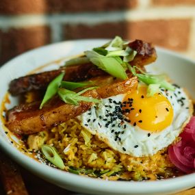 Pork belly rice bowl. Also available with grilled chicken or tofu.