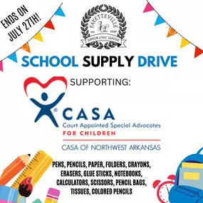 Join our office in supporting the Fayetteville Junior Civic League! ✨ We’re thrilled help sponsor a school supply drive for CASA of Northwest Arkansas, an organization dedicated to providing a consistent voice, safe homes, and promising futures for children in foster care. Your contribution ensures these children have the tools they need for a brighter tomorrow. ???????? #SupportCASA

Donations can be dropped off during our office hours 9AM-5PM at our Fayetteville campus!

????2503 N Hiram Davis