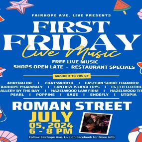 Join us on the first Friday of every month for an exciting evening on Fairhope Ave! Enjoy live music, stroll down the pedestrian-only street, and explore our shops, open late until 8 PM. Don’t miss this vibrant community event happening each month!