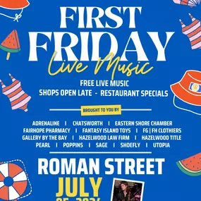 Join us on the first Friday of every month for an exciting evening on Fairhope Ave! Enjoy live music, stroll down the pedestrian-only street, and explore our shops, open late until 8 PM. Don’t miss this vibrant community event happening each month!