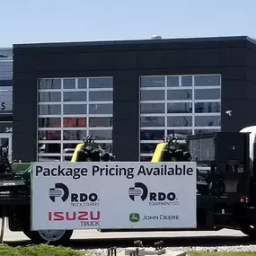 Isuzu medium-duty truck outside RDO Truck Center in Fargo, ND.