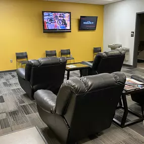 Drivers' lounge has comfortable recliners and a TV for drivers while they wait for their trucks to be serviced.