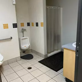 Bathroom and shower in the driver's lounge at RDO Truck Center in Fargo, ND.