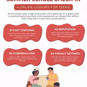 Summer screen time is here! For teens in Herndon, VA and beyond, here are four key online safety reminders every family should discuss. #1 Fact-checking #2 Digital reputation #3 Cyberbullying awareness #4 Privacy settings – small steps for smarter scrolling!