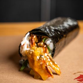 KATANA Hand Roll - Tempura Fried Soft Shell Crab, Shiso, Kani, Yuzu Kosho Sauce, Goma.