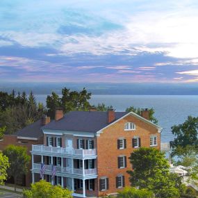 Purple sky over a three-story inn