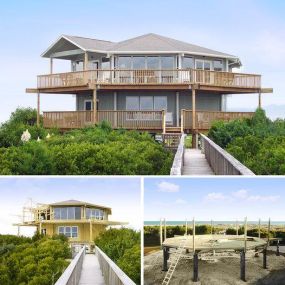 Built on the Carolina coast, this elevated two-story beach house features plenty of bedrooms and baths, ideal for a vacation/rental home.
