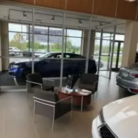 Dealership interior sitting area.